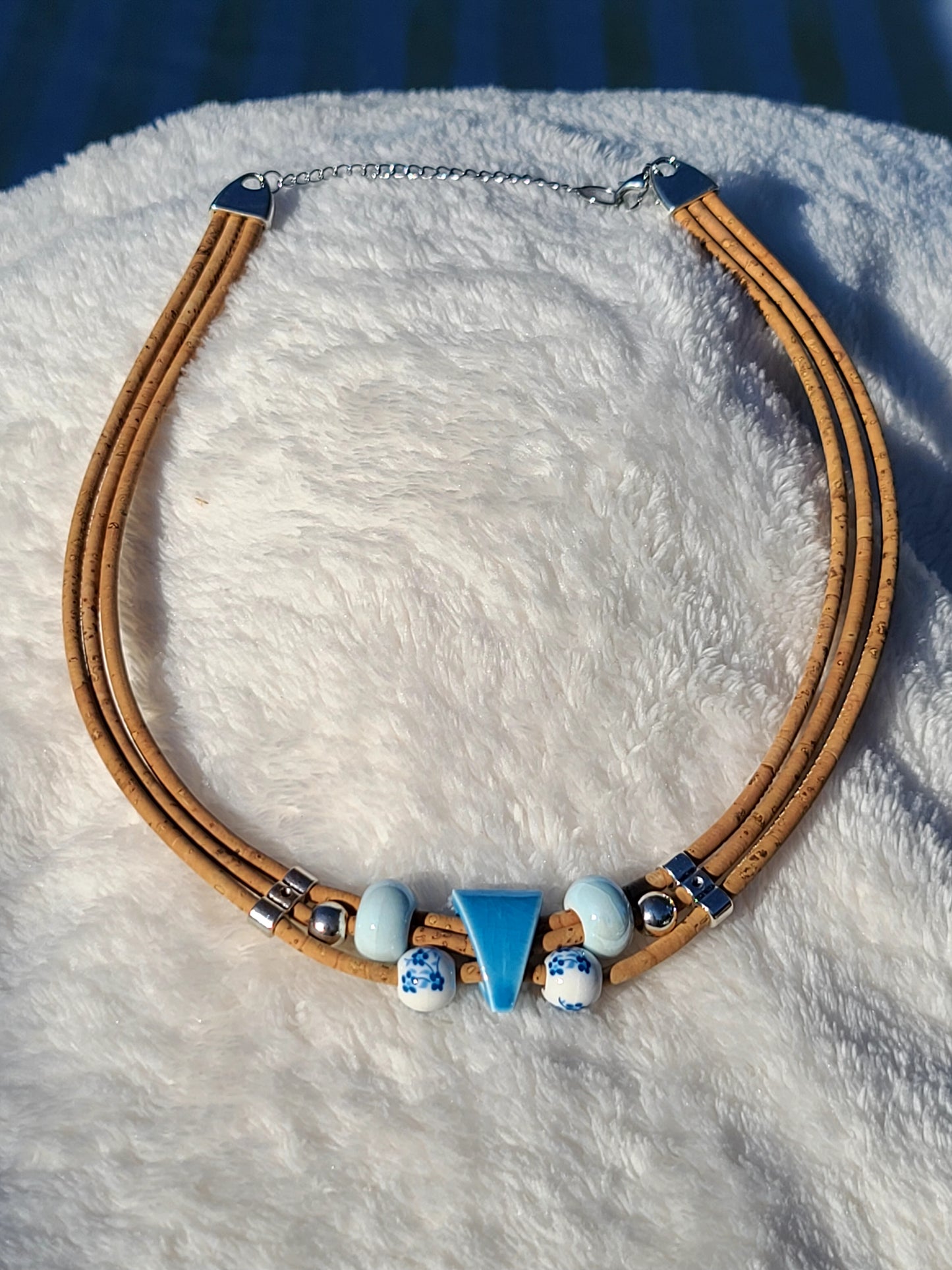 Handmade Ceramic Harmony: Cork Necklace with Geometric Beads