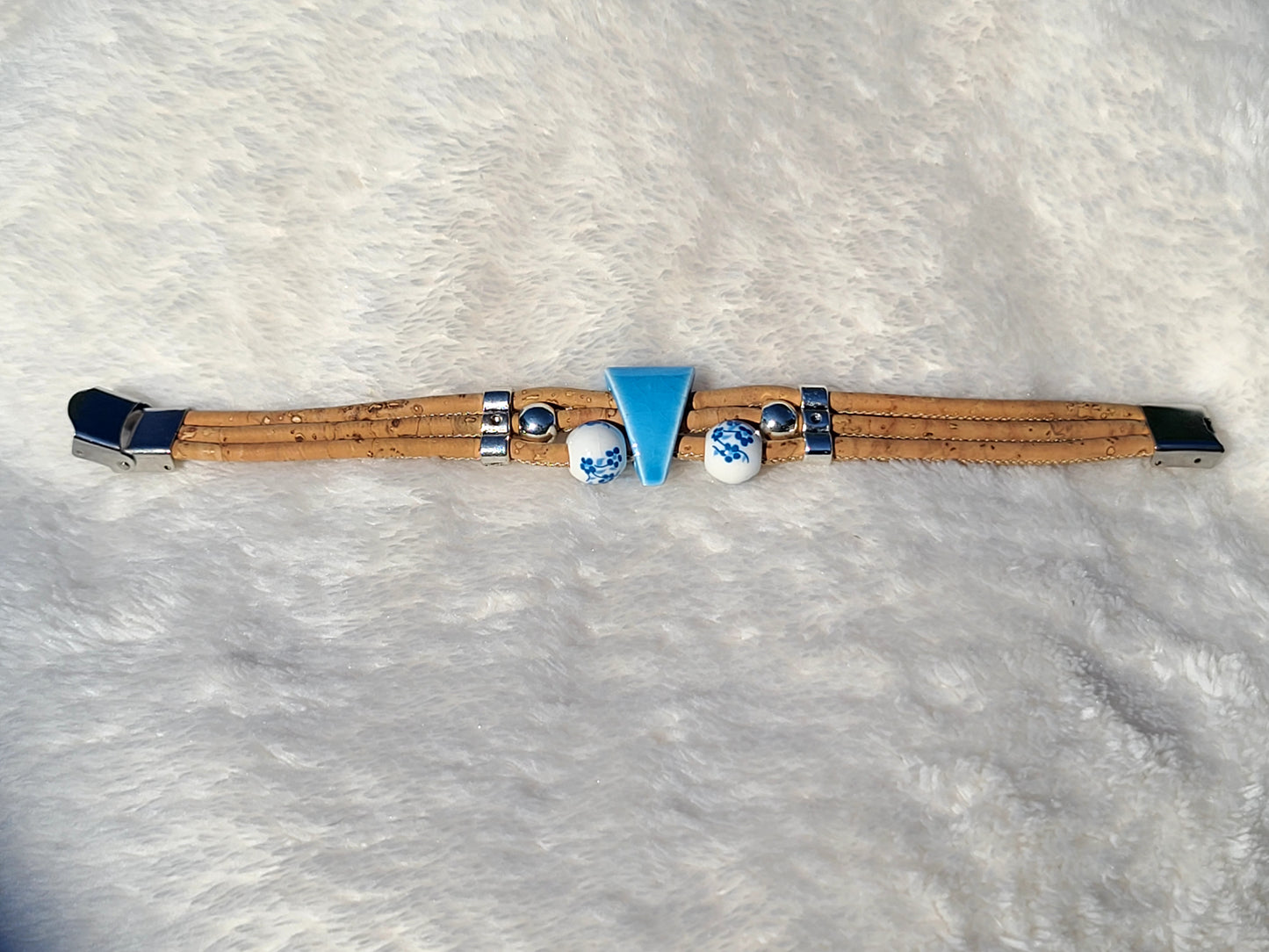 Handmade Ceramic Harmony: Cork Necklace with Geometric Beads