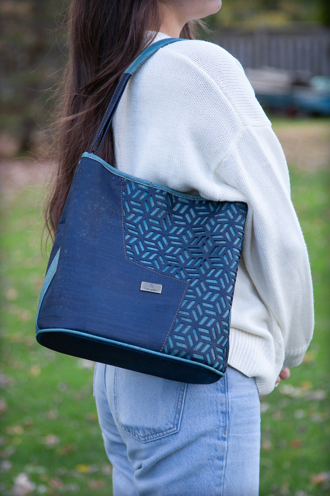 Midnight Geo Cork Crossbody – Teal Accents