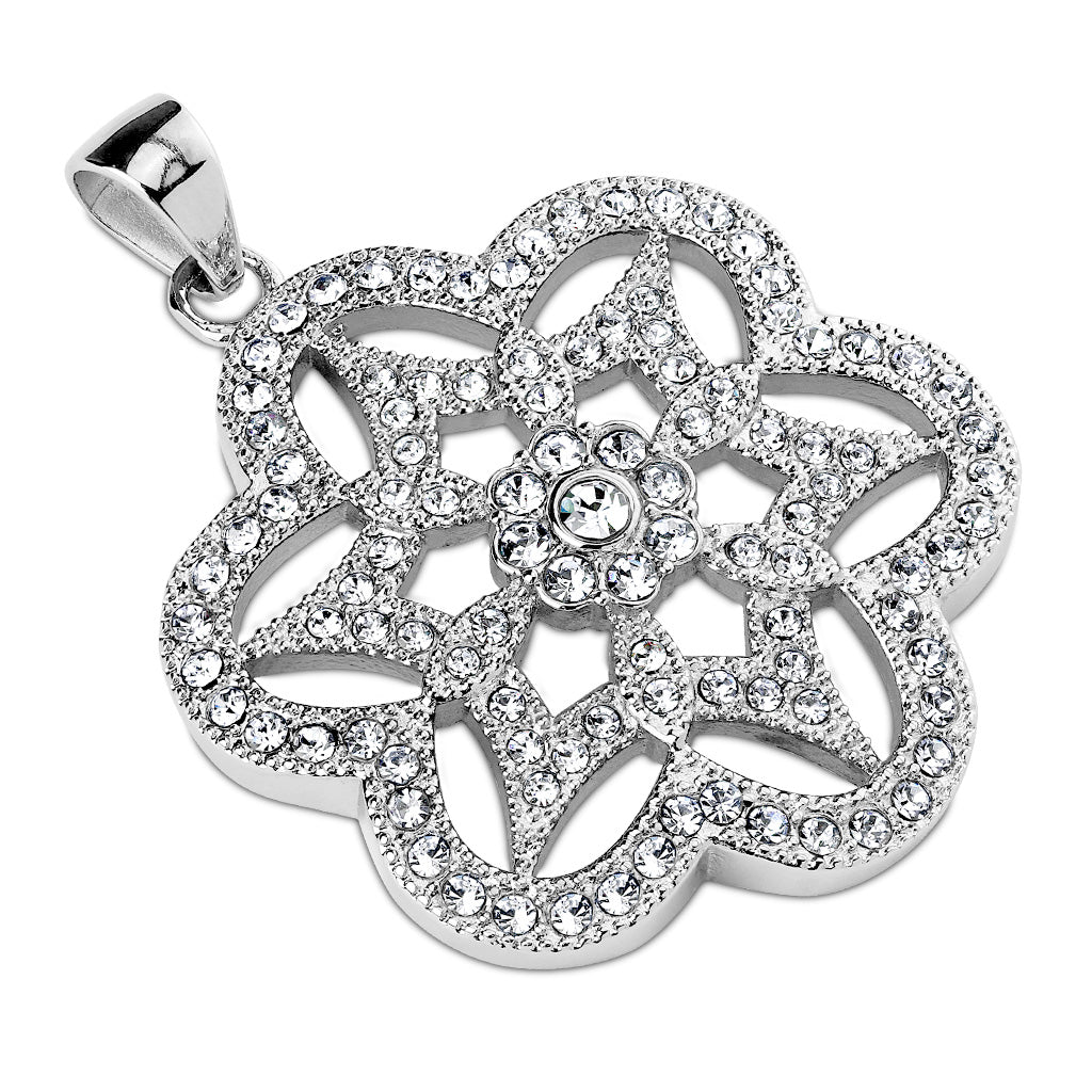 Gem Paved Six Leaf Flower Stainless Steel Pendant