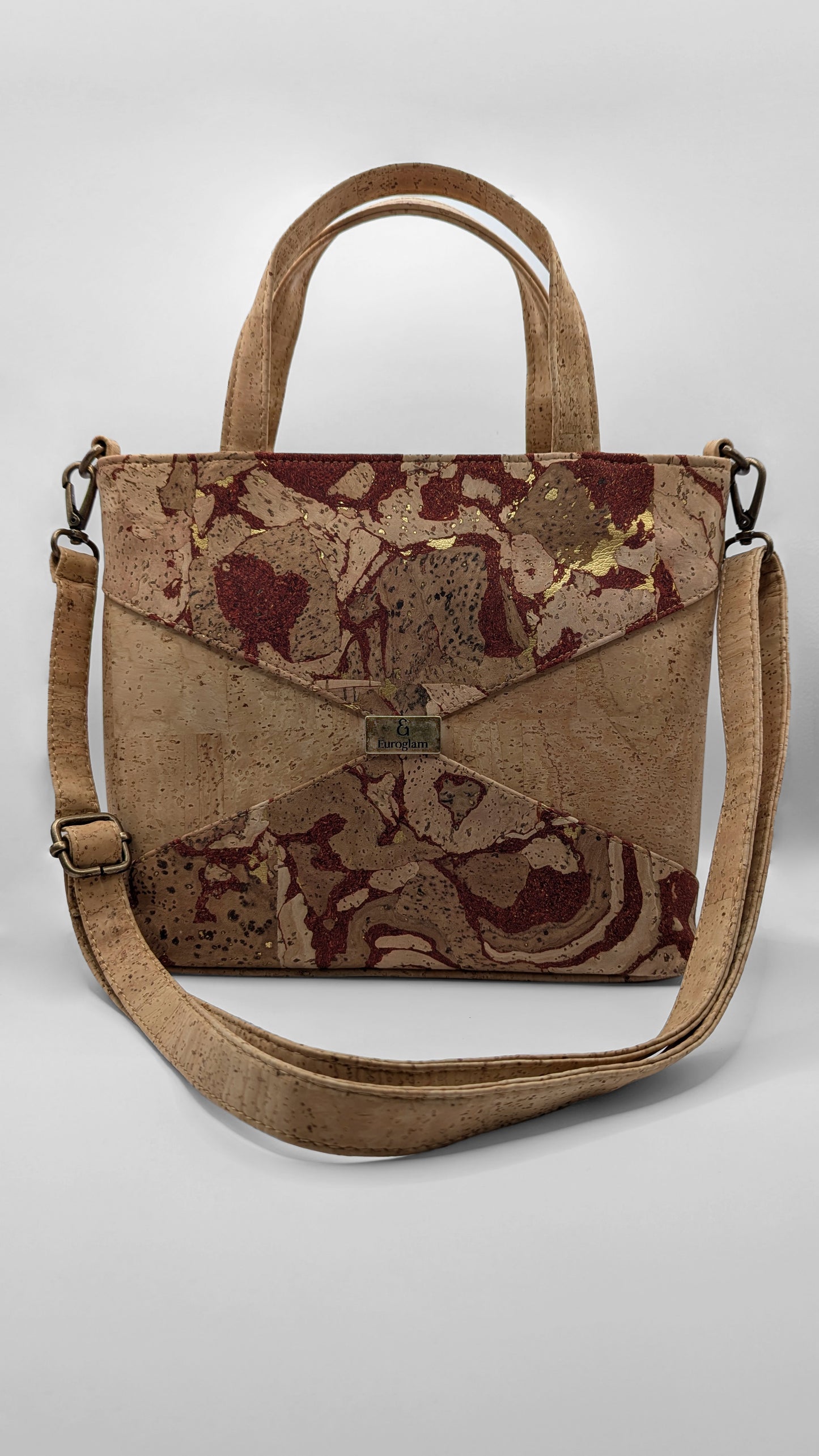 Rustic Chic Cork Satchel – Red Marble & Gold Vein Elegance