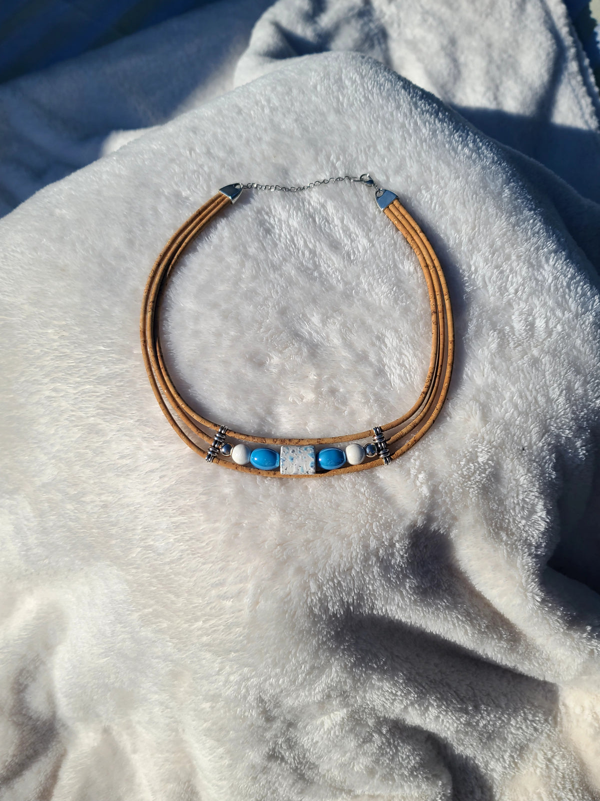 Handmade Seaside Serenity: Cork & Ocean Blue Necklace