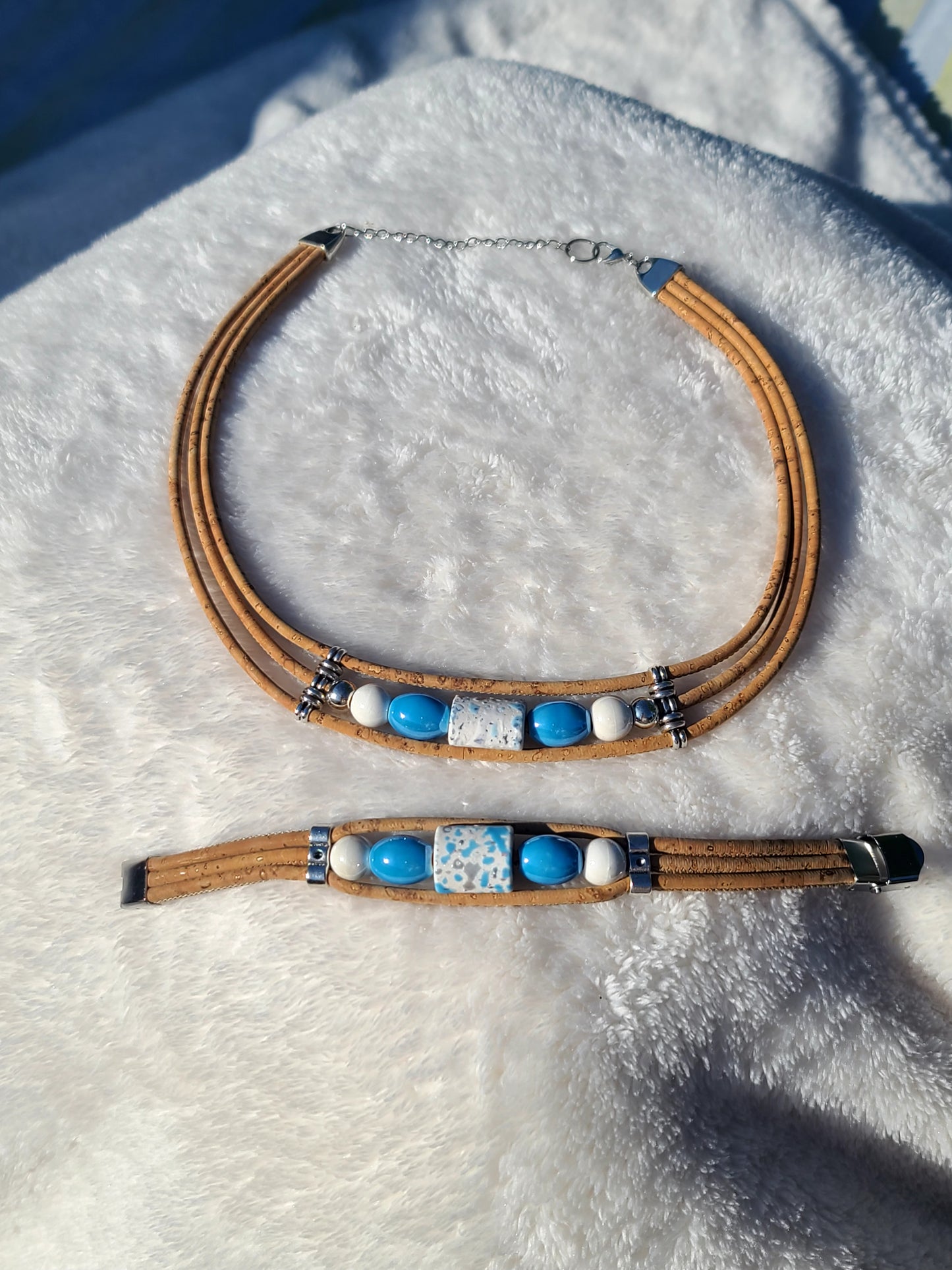 Handmade Seaside Serenity: Cork & Ocean Blue Necklace
