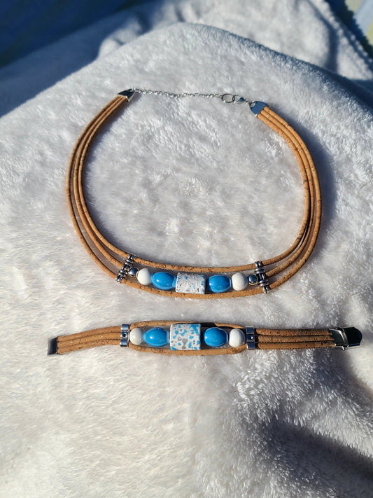 Handmade Seaside Serenity: Cork & Ocean Blue Necklace