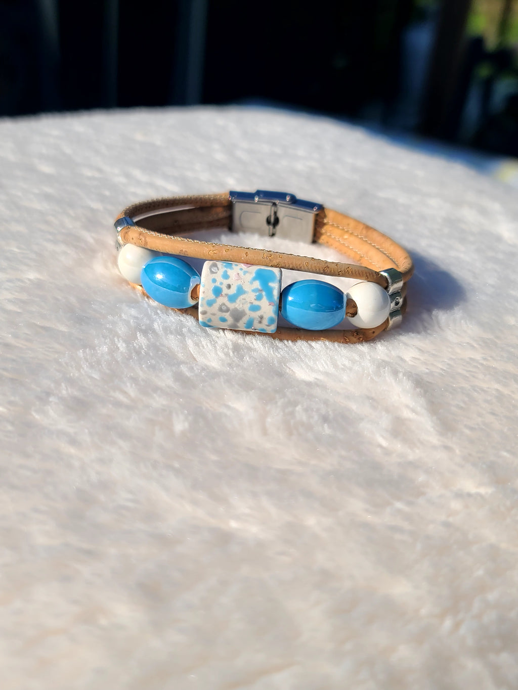 Handmade Seaside Serenity: Cork & Ocean Blue Necklace
