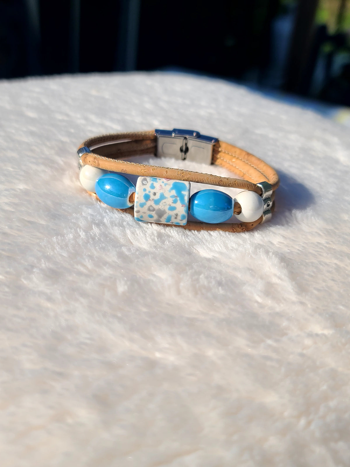 Handmade Seaside Serenity: Cork & Ocean Blue Necklace
