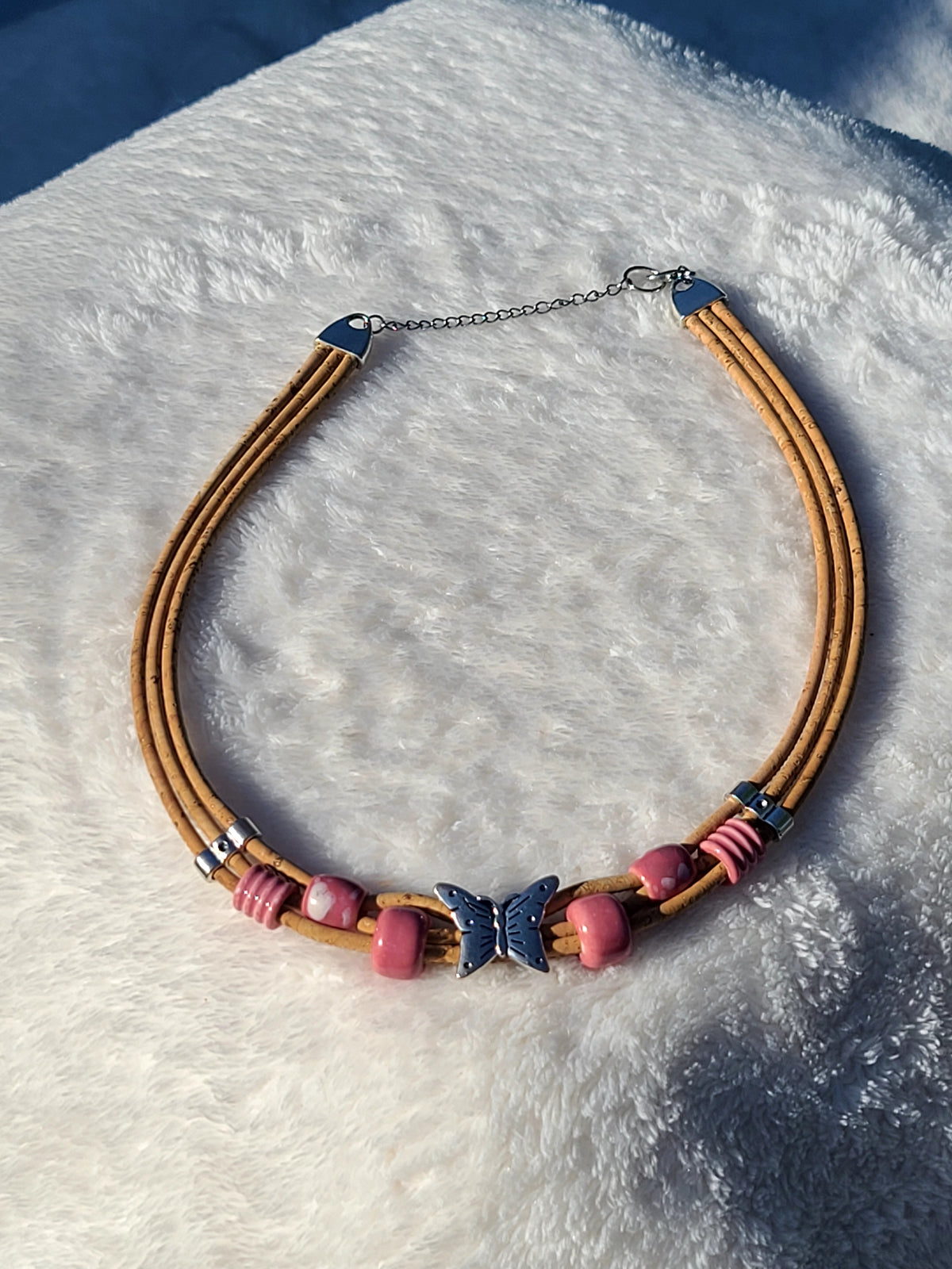 Handmade Fluttering Blossoms: Cork Necklace with Pink beads & Butterflies.