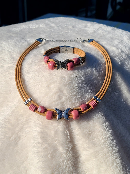 Handmade Fluttering Blossoms: Cork Necklace with Pink beads & Butterflies.