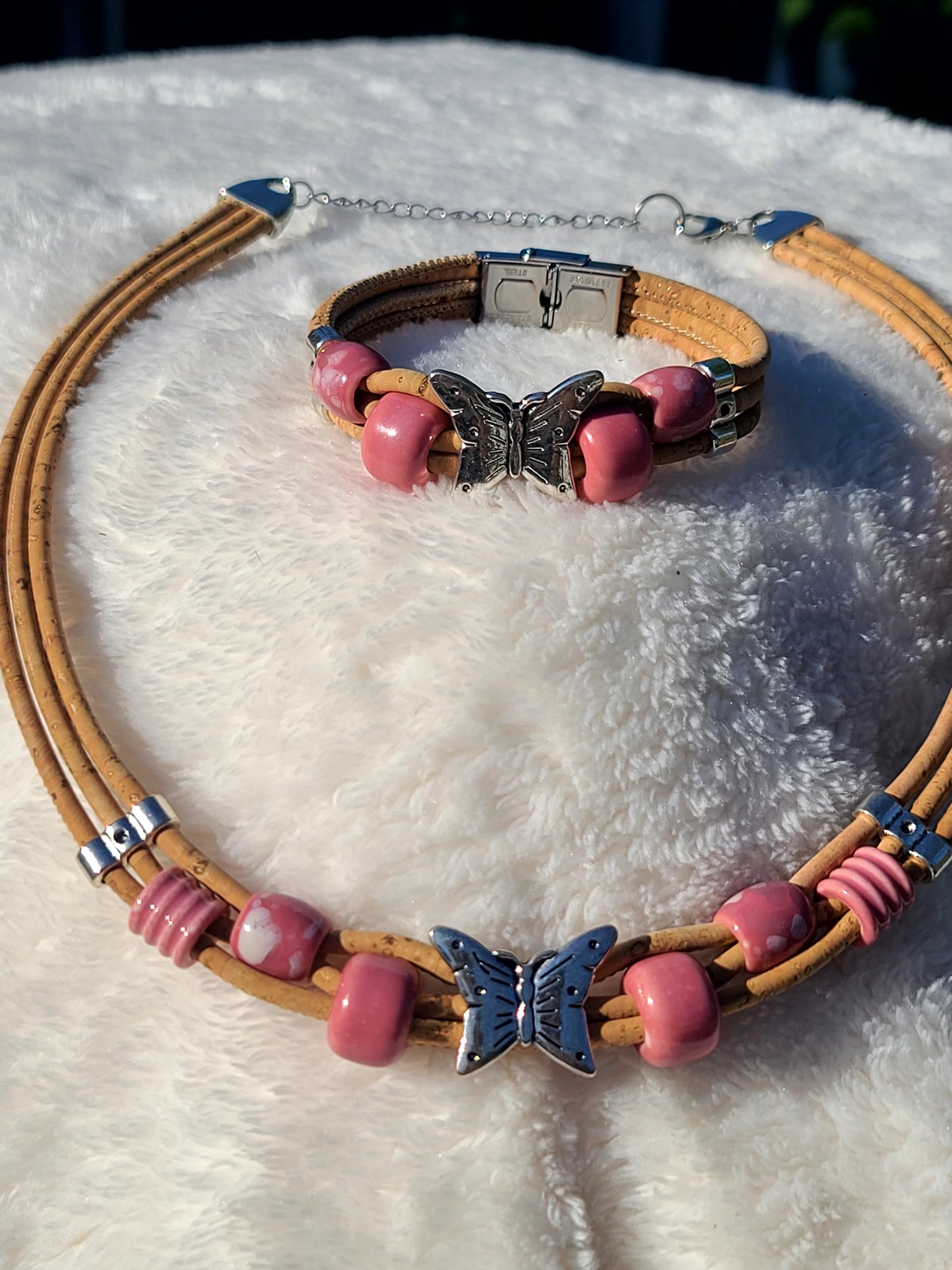 Handmade Fluttering Blossoms: Cork Necklace with Pink beads & Butterflies.