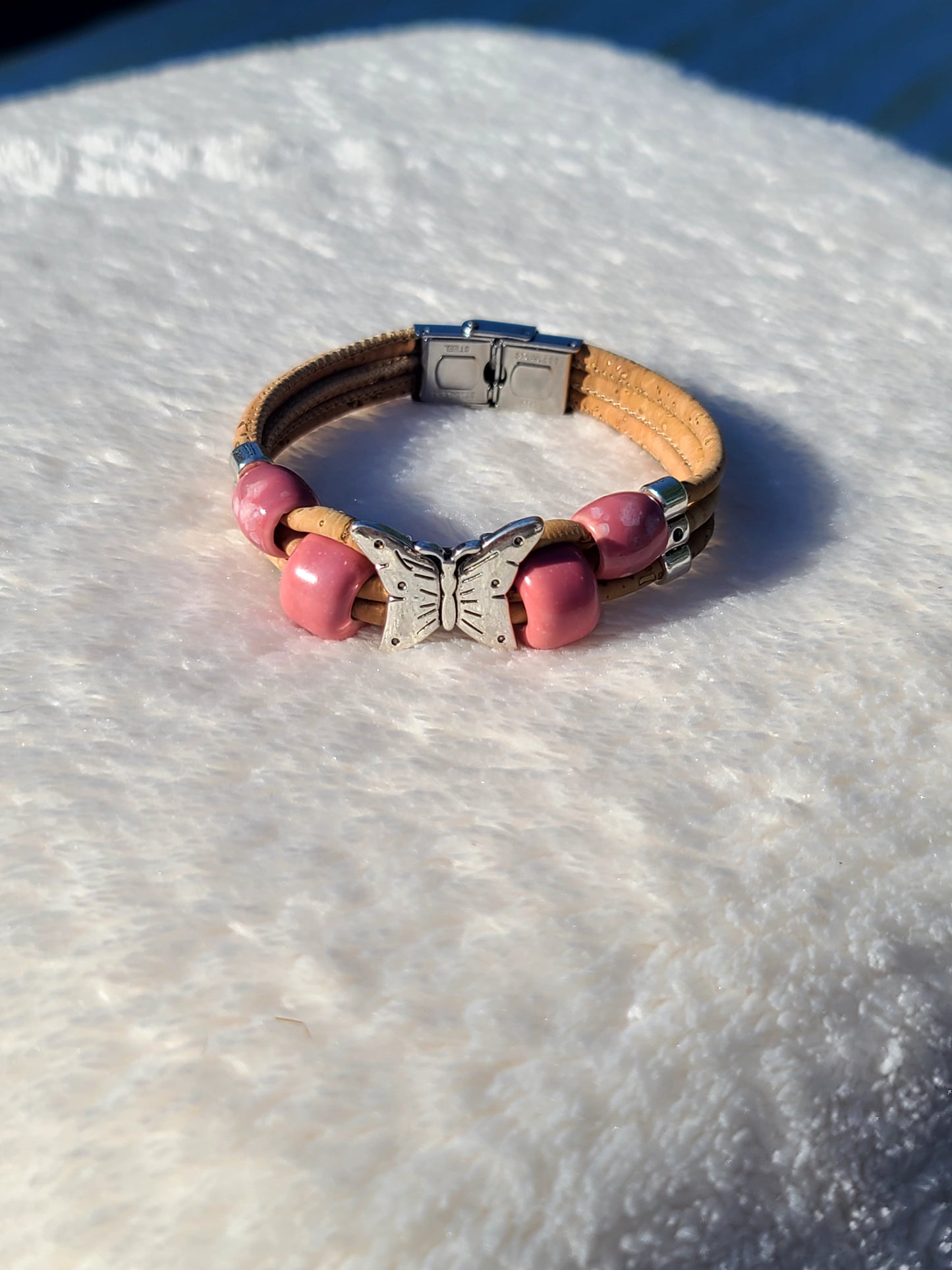 Handmade Fluttering Blossoms: Cork Necklace with Pink beads & Butterflies.