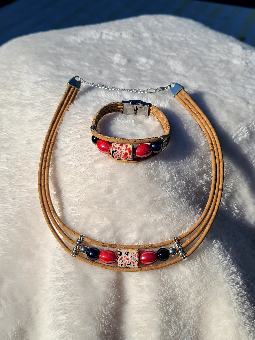 Handmade Ember Noir: Cork & Red-Black Bead Necklace