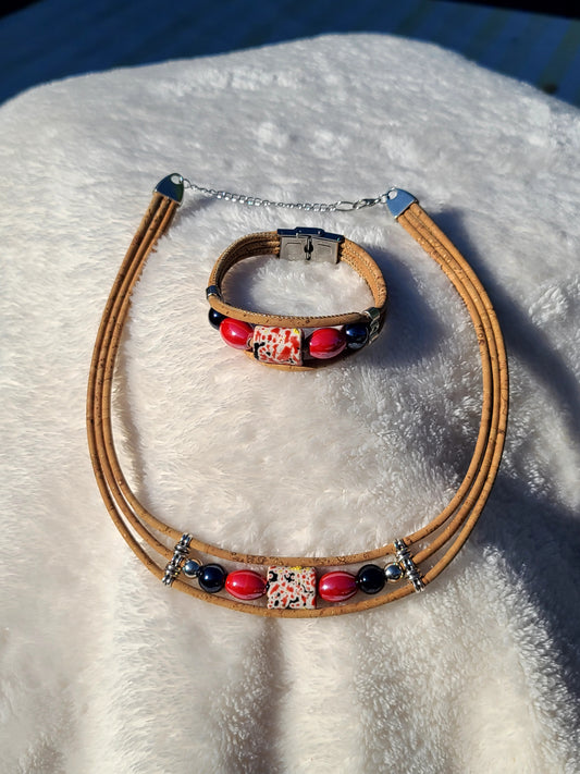Handmade Ember Noir: Cork & Red-Black Bead Necklace
