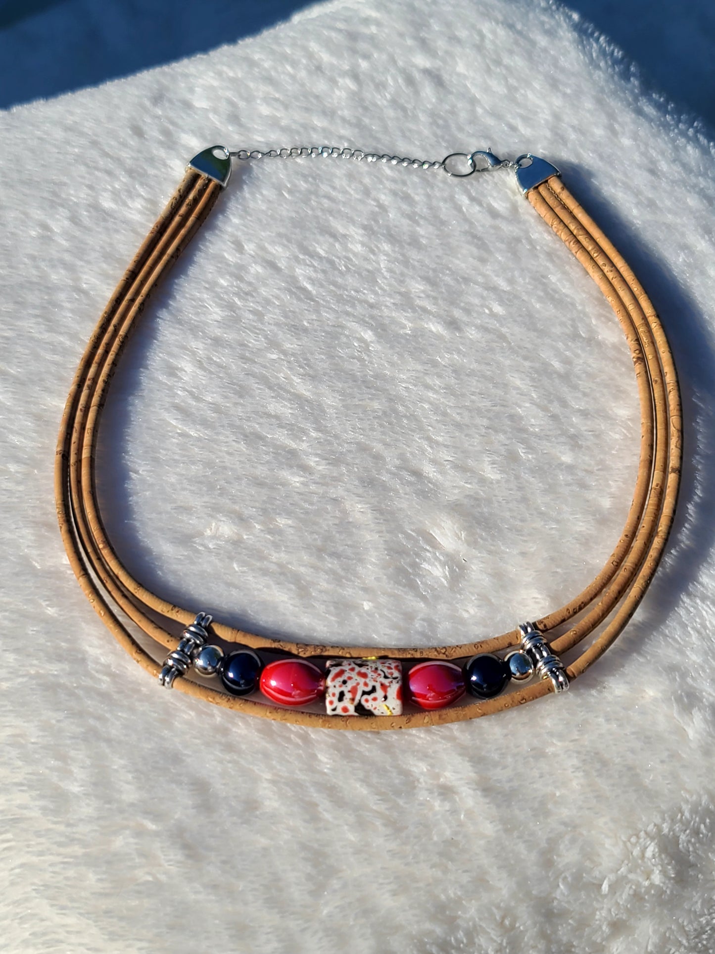 Handmade Ember Noir: Cork & Red-Black Bead Necklace
