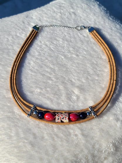 Handmade Ember Noir: Cork & Red-Black Bead Necklace