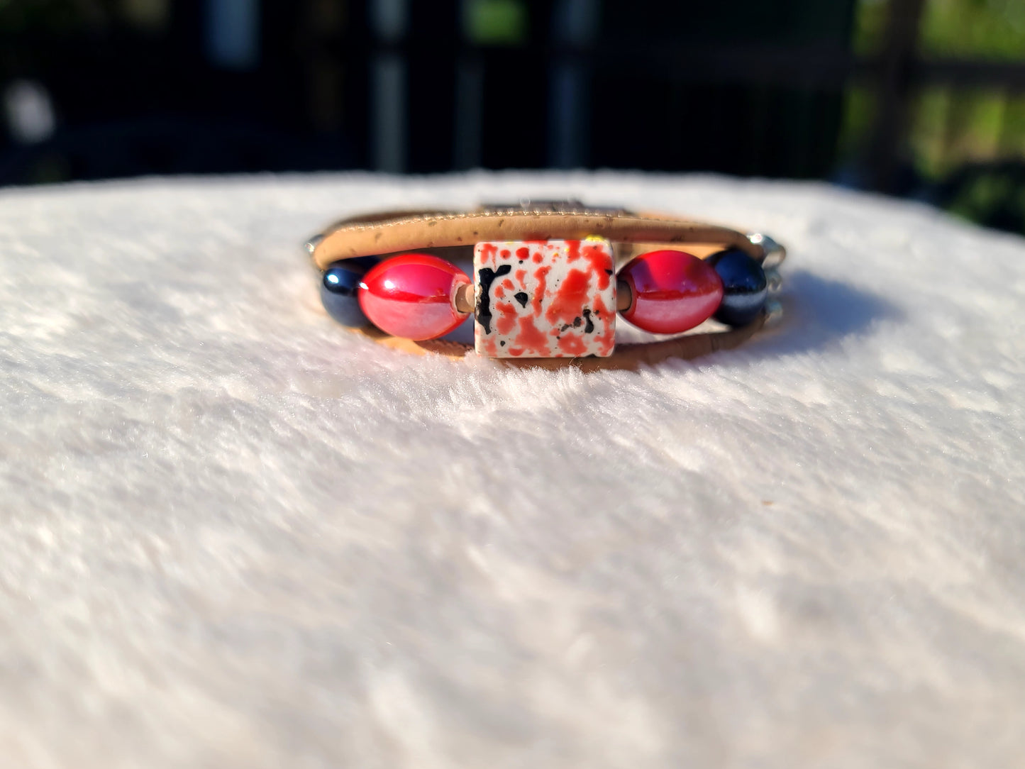 Handmade Ember Noir: Cork & Red-Black Bead Necklace