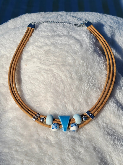 Handmade Ceramic Harmony: Cork Necklace with Geometric Beads