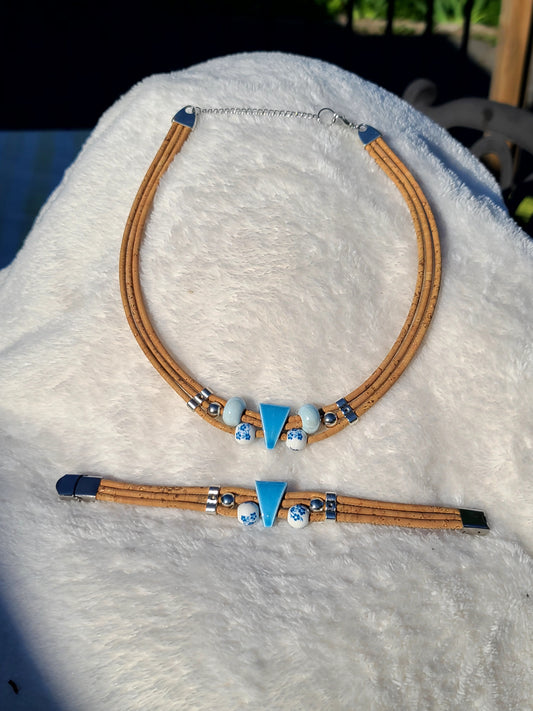 Handmade Ceramic Harmony: Cork Necklace with Geometric Beads
