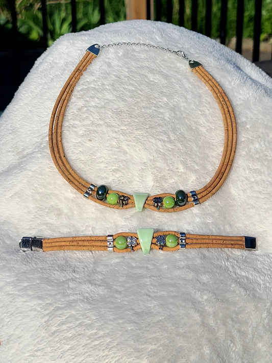 Handmade Emerald Whispers: Cork & Green Bead Necklace