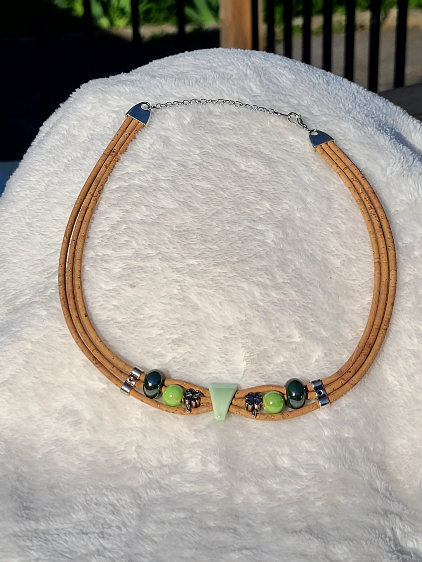 Handmade Emerald Whispers: Cork & Green Bead Necklace