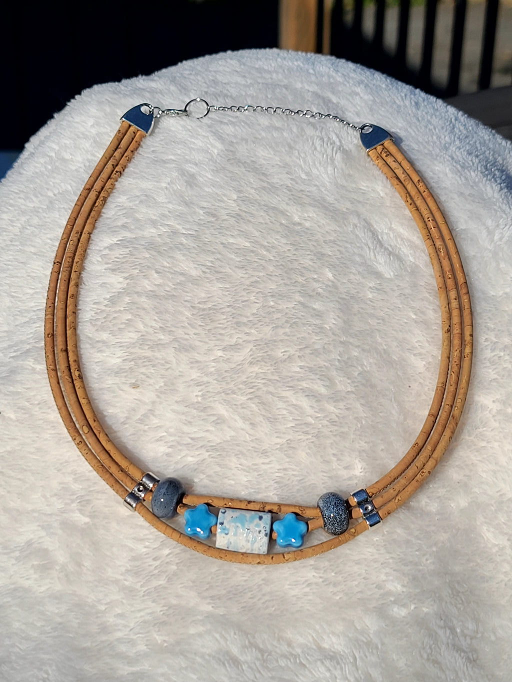 Handmade Sapphire Dreams Blue and White Beads with Stars Cork Necklace
