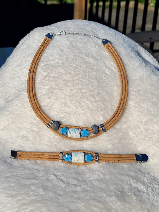 Handmade Sapphire Dreams Blue and White Beads with Stars Cork Necklace