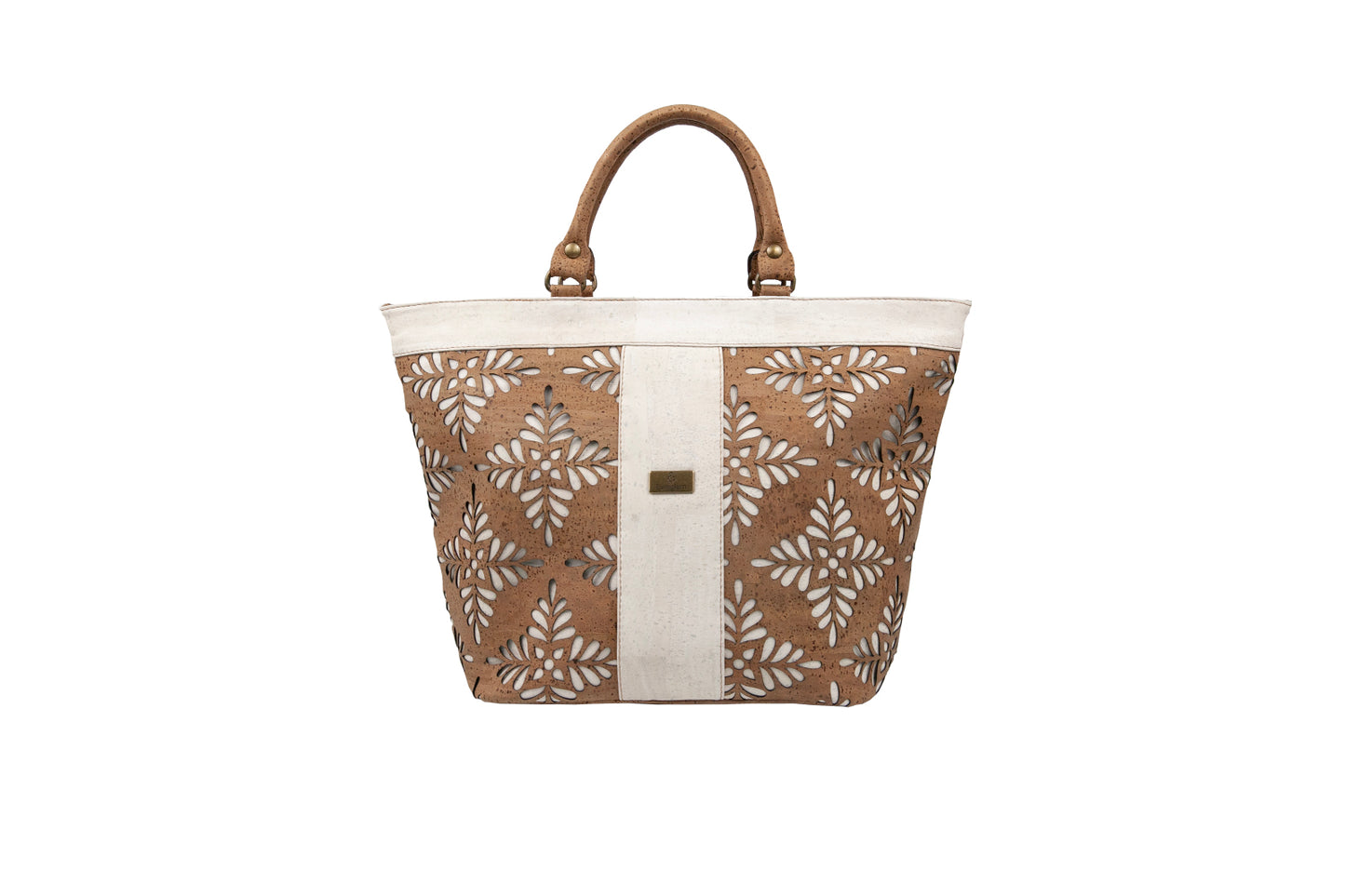 Classic Flora Laser-Cut Cork Tote – Natural & White