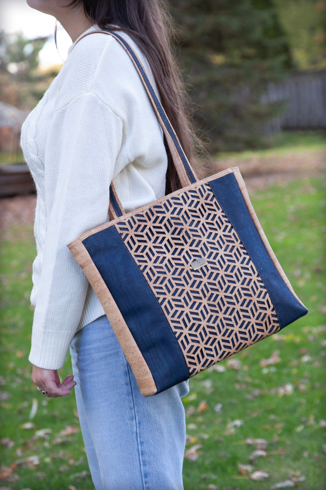 Eco Luxe Geometric Cork Tote Bag – Natural & Deep Blue