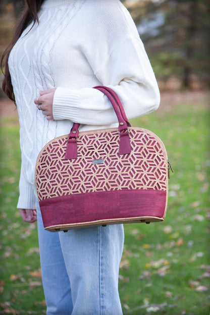 Laser-Cut Elegance Cork Handbag – Burgundy & Natural