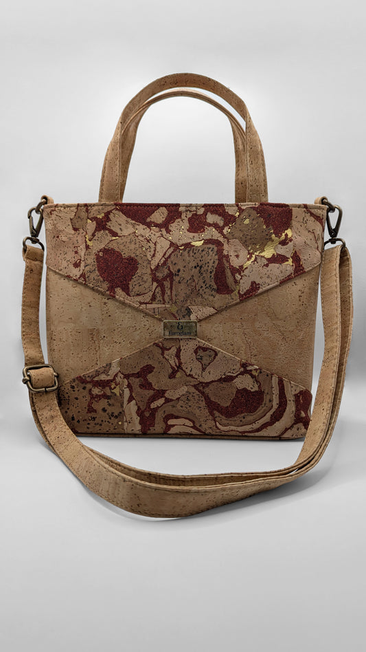 Rustic Chic Cork Satchel – Red Marble & Gold Vein Elegance