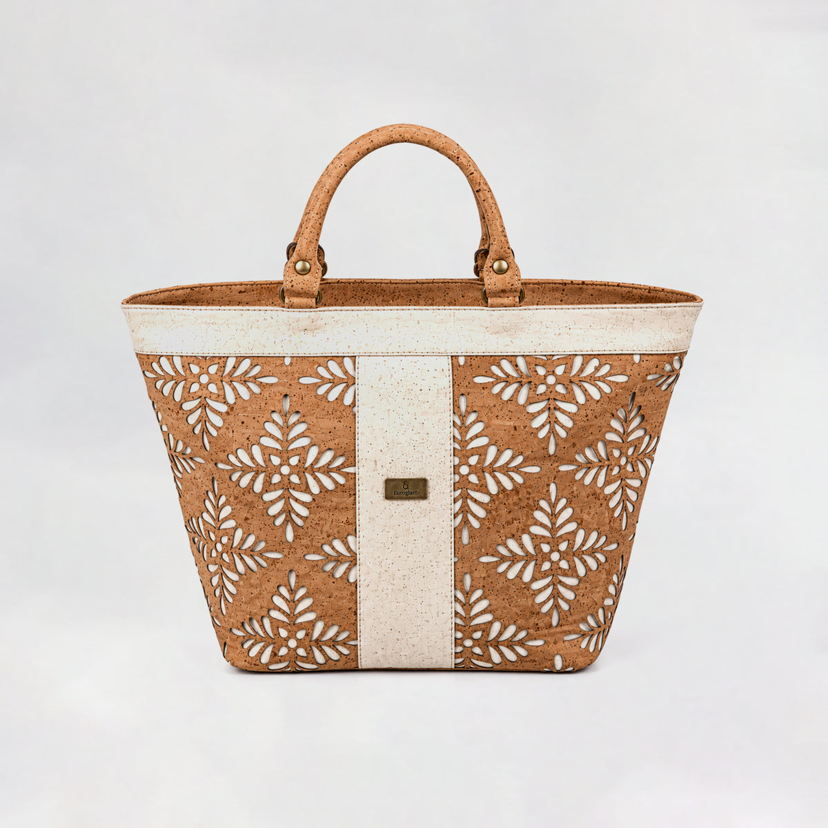 Classic Flora Laser-Cut Cork Tote – Natural & White
