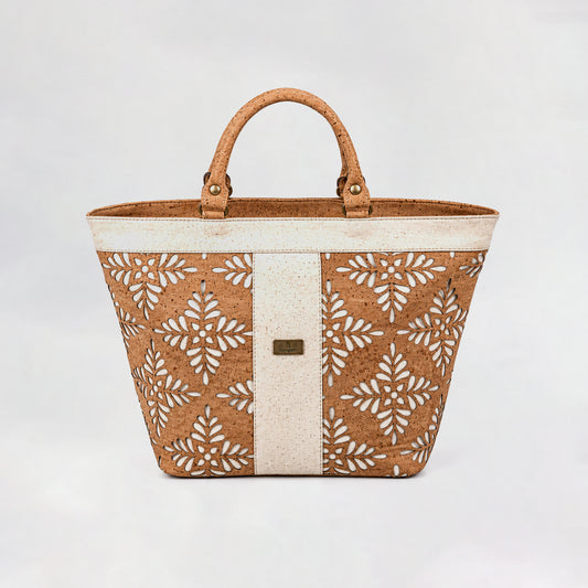 Classic Flora Laser-Cut Cork Tote – Natural & White
