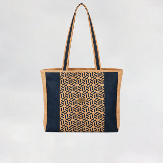 Eco Luxe Geometric Cork Tote Bag – Natural & Deep Blue