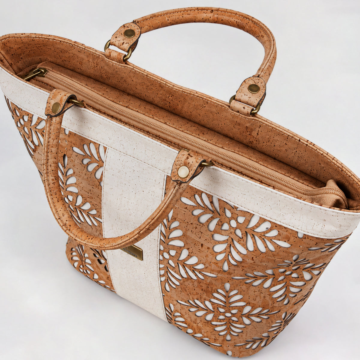 Classic Flora Laser-Cut Cork Tote – Natural & White