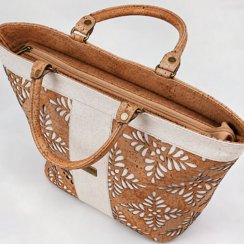 Classic Flora Laser-Cut Cork Tote – Natural & White