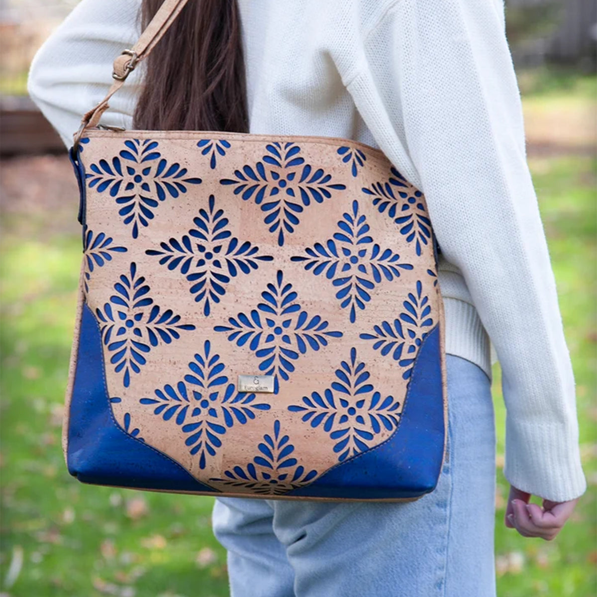 Floral Harmony Crossbody – Natural & Royal Blue