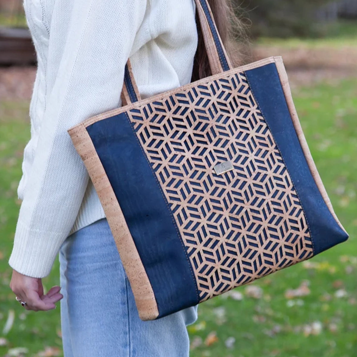 Eco Luxe Geometric Cork Tote Bag – Natural & Deep Blue