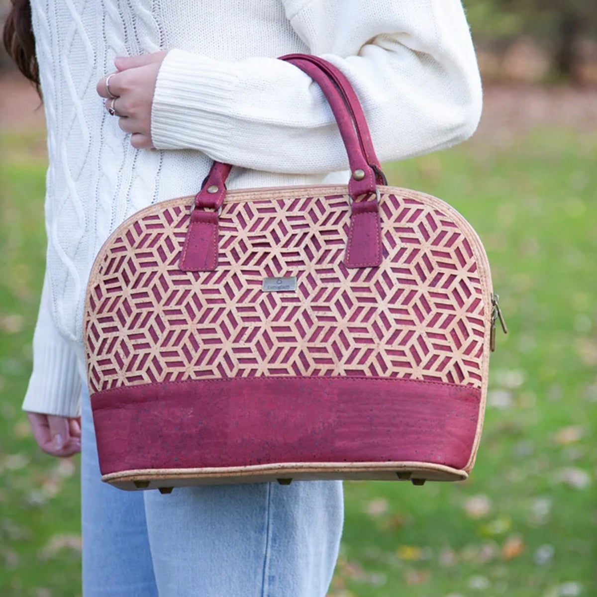Laser-Cut Elegance Cork Handbag – Burgundy & Natural